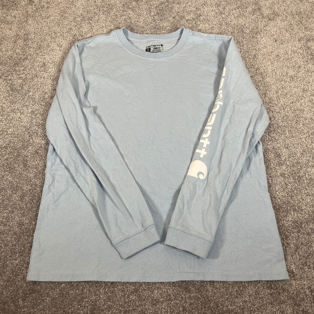 Carhartt T Shirt Womens Medium 8 10 Dearborn Loose Fit Logo Long Sleeve Blue